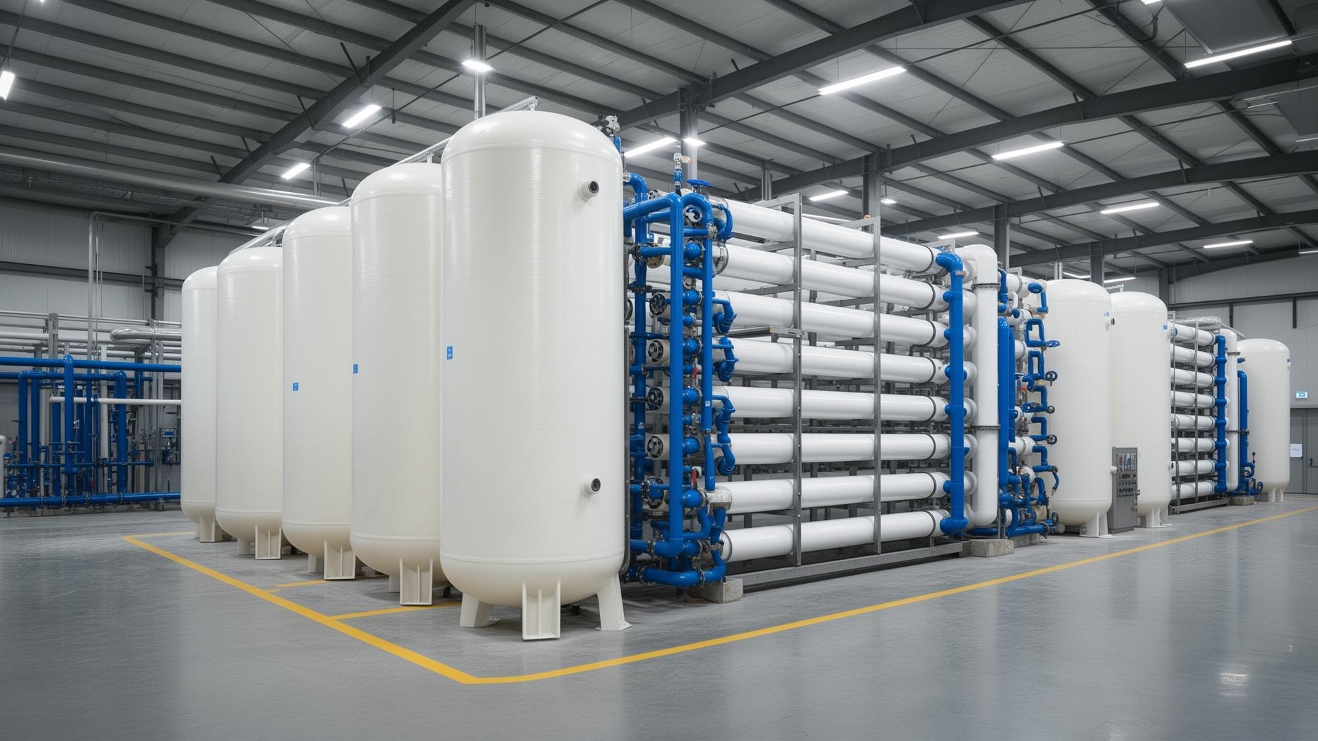 Rows of FRP pressure vessels installed in an industrial water treatment facility.