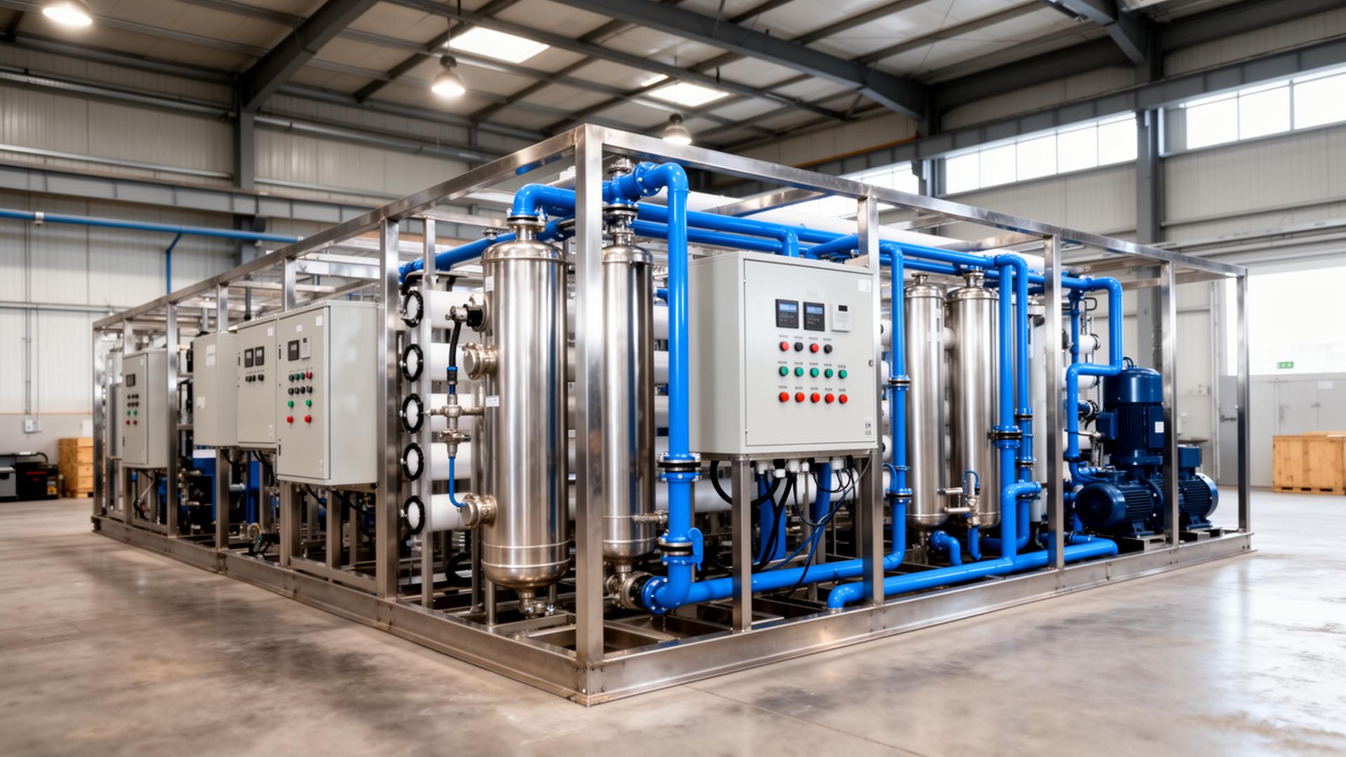 Skid-mounted packaged RO water treatment system in an industrial facility.